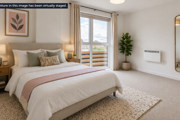 Double bedroom at Brickmark Place with neutral décor, large window, and coordinated furnishings.