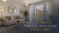 Virtually staged image of a living room with a ciruclar mirror above a cream sofa. There is a wooden coffee table with black legs. Over the image is the text 'Join us for our open house event day'