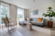 Living room with sofa, armchair, coffee table, large windows, and indoor plant.