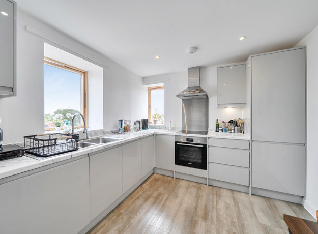 Fitted kitchen with integrated appliances and windows.