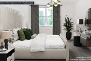 Stylish double bedroom with contemporary furnishings, green accents, and a calming neutral colour palette.