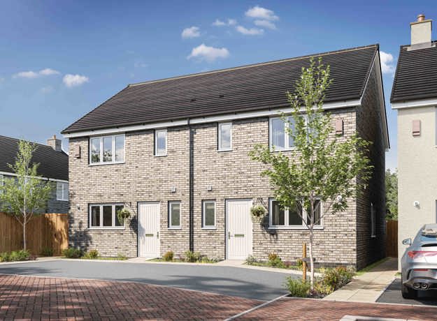 New build stone-fronted family homes in a modern residential development with landscaped frontage and private parking.