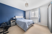 Minimal bedroom with blue accent wall, single bed, and wardrobe by window.