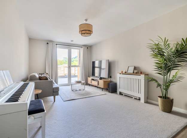 Living room with sofa, piano, television, rug, plant and window.