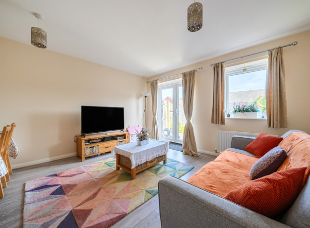 Living room with sofa, TV unit, patterned rug, french doors and large window