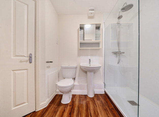 Bathroom with shower enclosure, toilet, sink and mirrored cabinet.
