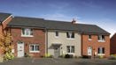 A computer generated image of plots 685-687, a row of 3 houses with brick and rendered brickwork with allocated parking spaces in front.