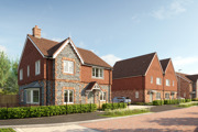 Plots 14-16, street with detached flint house, driveway, and two semi-detached red-tiled homes.