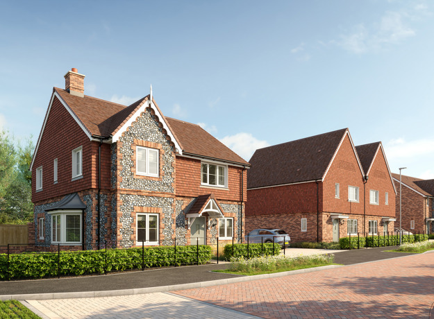 Plots 14-16, street with detached flint house, driveway, and two semi-detached red-tiled homes.