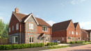Plots 14-16, street with detached flint house, driveway, and two semi-detached red-tiled homes.