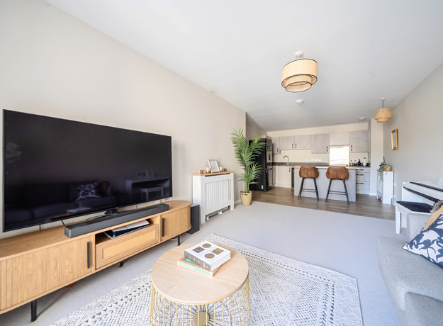 Living room with sofa, TV, coffee table and open-plan kitchen and dining area.