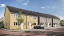 Modern terraced new-build houses on a contemporary housing development with parking and tree-lined streets.