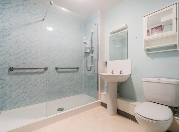 Bathroom with walk-in shower, toilet and sink.