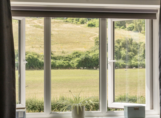 View through a window overlooking open fields and greenery.