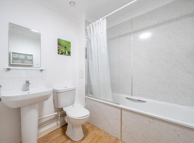 Bathroom with bathtub, toilet, sink, and wall mirror.