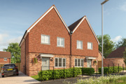 Plots 27&28, two semi-detached homes with red/brown tiles, mixed brick, hedges, railings, and side driveways.