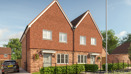 Plots 27&28, two semi-detached homes with red/brown tiles, mixed brick, hedges, railings, and side driveways.