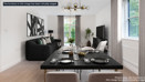Elegant dining room with seating for six, modern décor, and large windows creating a bright and welcoming atmosphere.