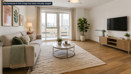 Living room at Brickmark Place featuring contemporary furnishings, neutral tones, and a large window.